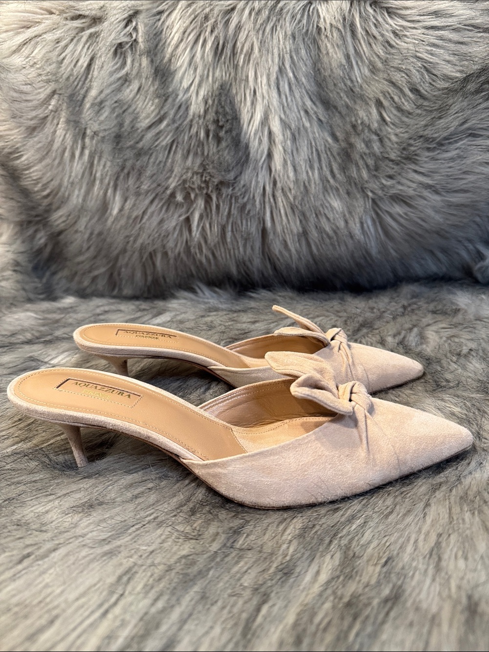 Aquazzura Blush Pink Suede Bow Mules